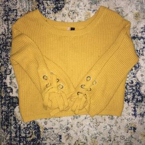 Yellow off the shoulder sweater w/ lace up sleeve